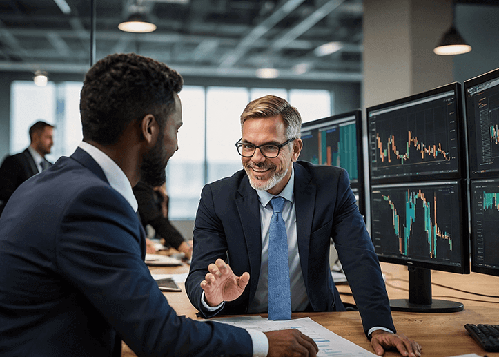 2 Männer betrachten eine Aktien Kurve